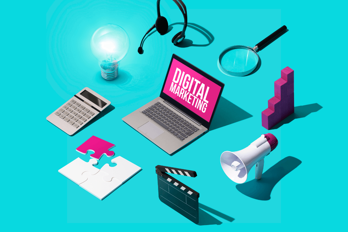 A picture illustrating digital marketing in a creative way. It contains images of a laptop, calculator, headphones, puzzle, etc.
