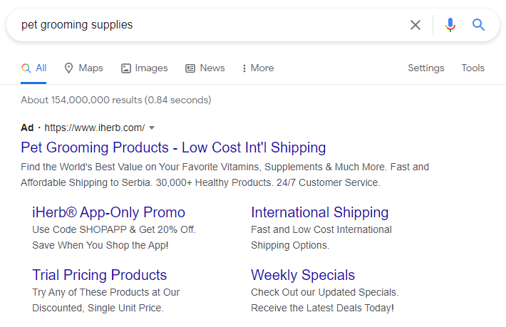 Paid search ad for the search term pet grooming supplies - Google Ads